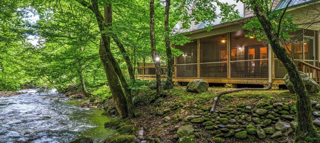 Creekfront cabin with cozy interiors, hot tub & game room. in Cosby